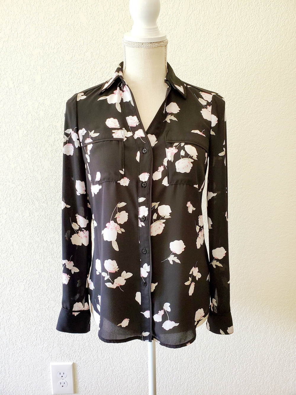 Candie's Black Button-Down Floral Blouse with Light Pink Accents